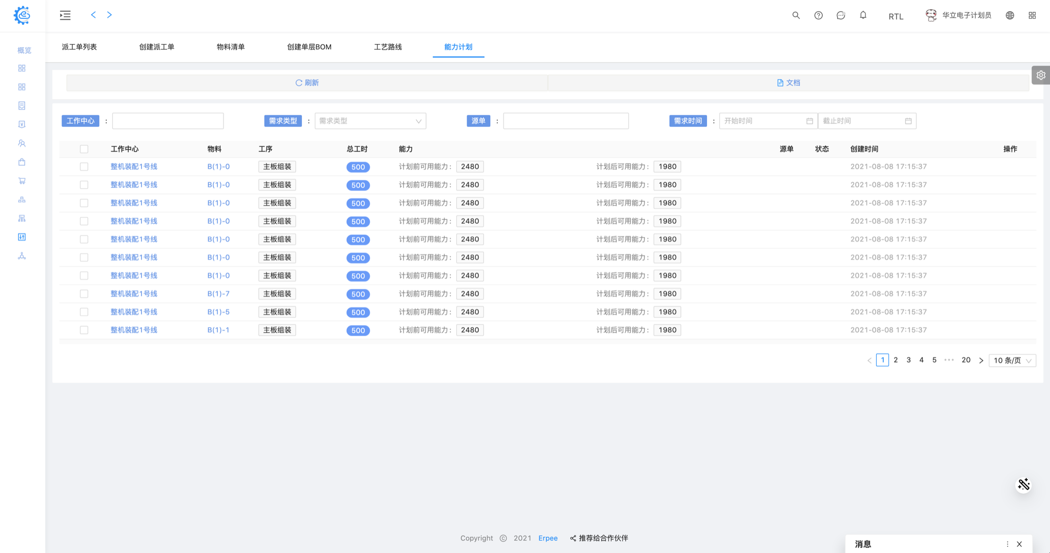 生产 - 能力计划 列表