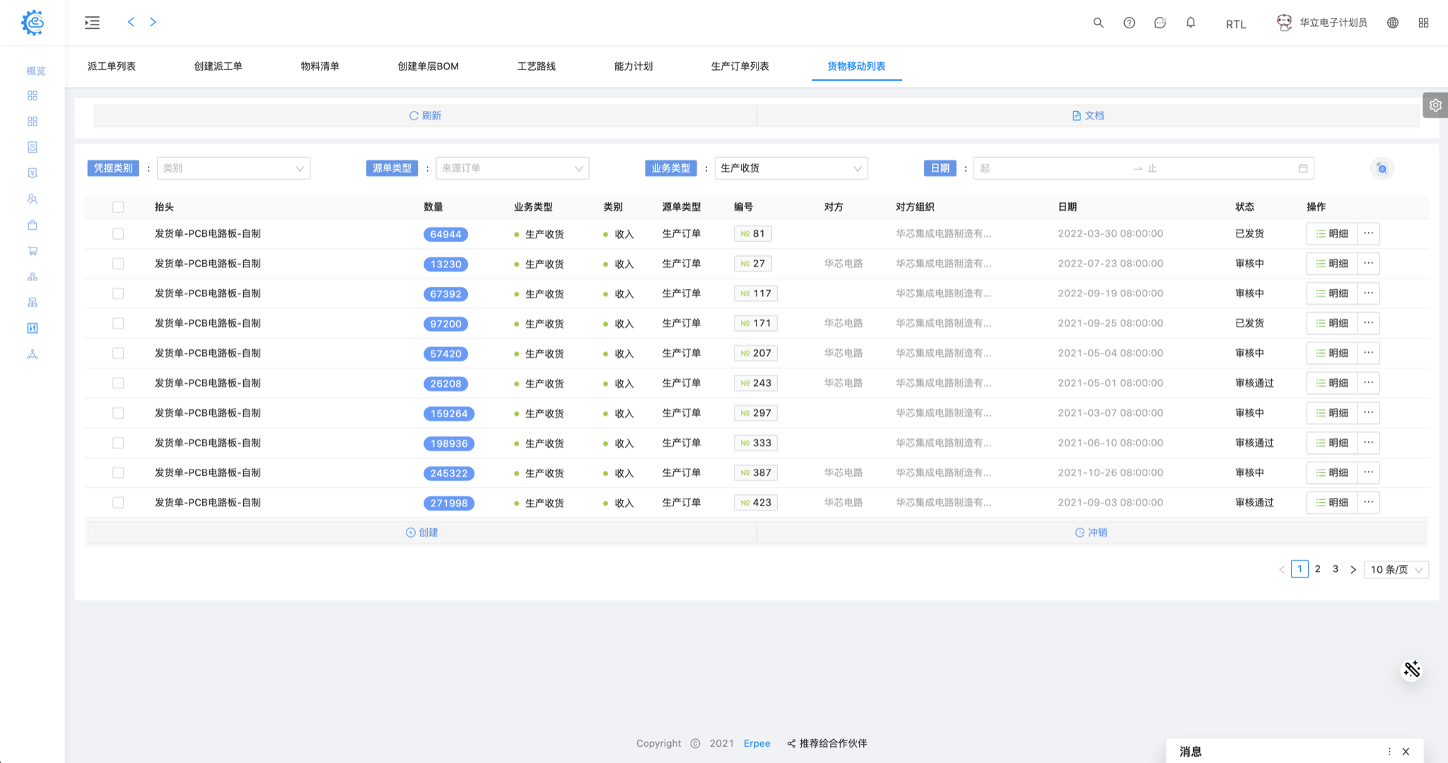 生产 - 货物移动 列表